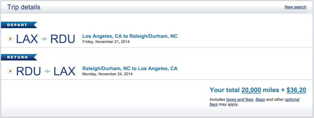 US Airways: LAX to Raleigh Durham Final Points Cost